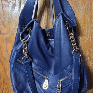 Michael Kors Navy Leather Shoulder Bag with Gold Chain Accents
